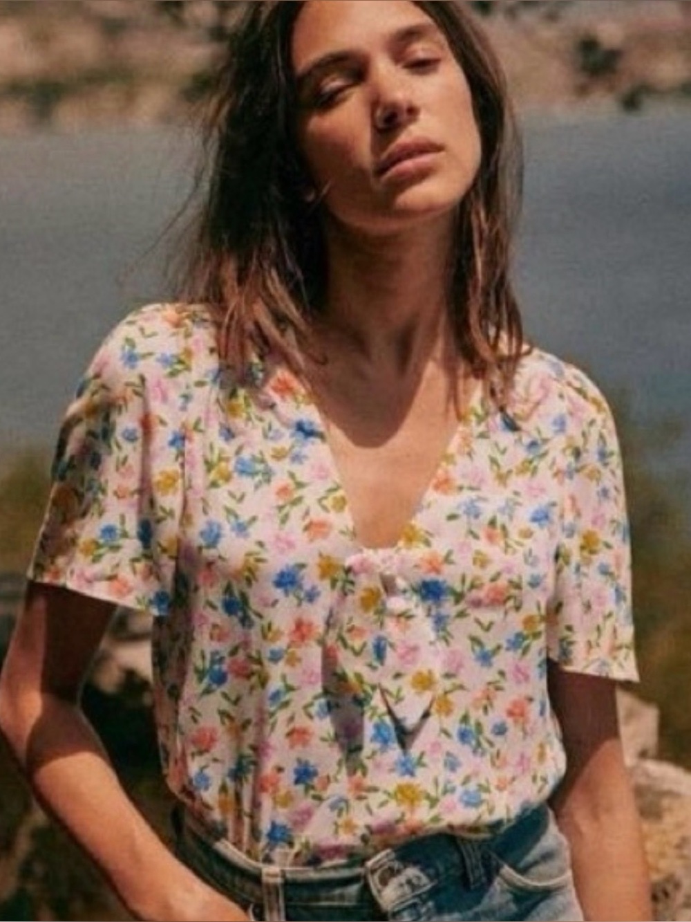 Sezane Galila Blouse Floral Tie-Neck Short Sleeve Blouse FR 34 (US 2)
